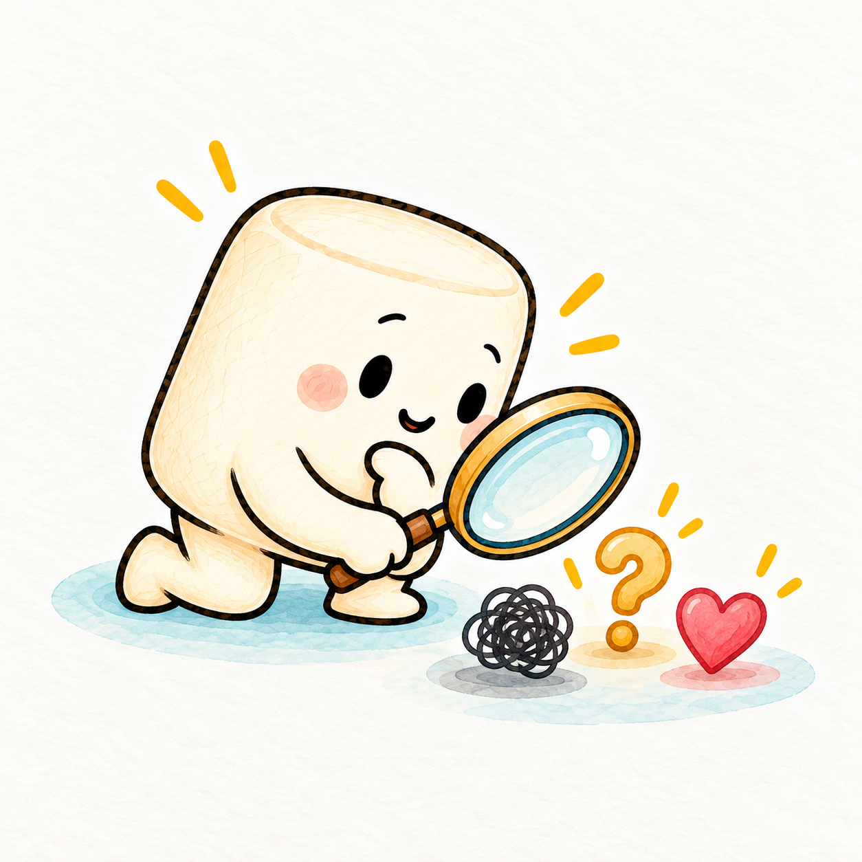A curious marshmallow uses a magnifying glass to examine the meanings its mind added